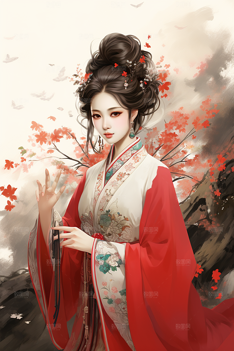 新中式美女手绘高清插画