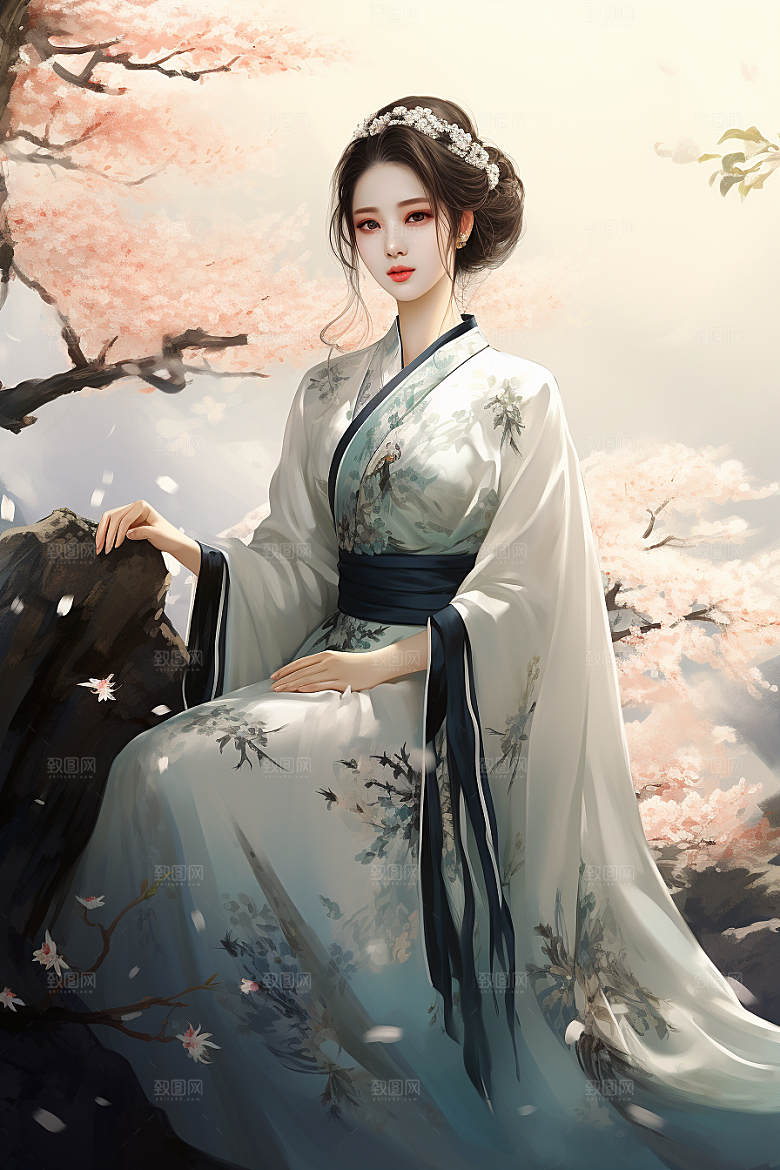 新中式美女中国风水墨插画