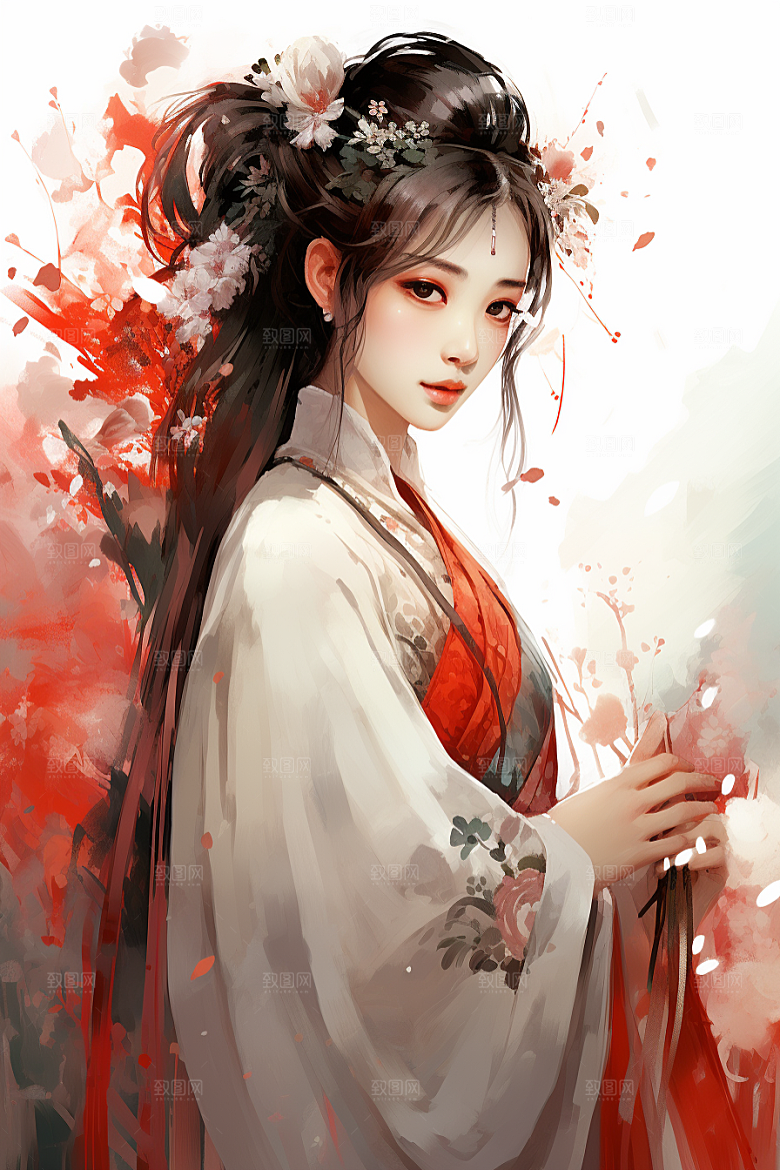 新中式美女手绘艺术插画