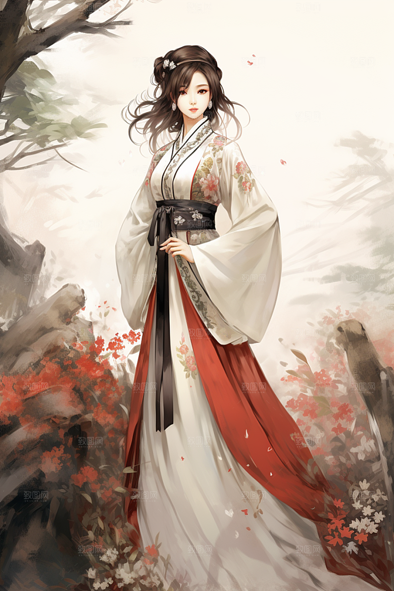 新中式美女手绘水墨插画