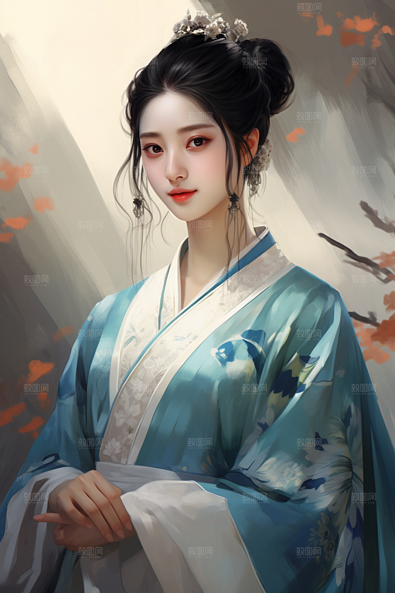 新中式美女艺术水墨插画