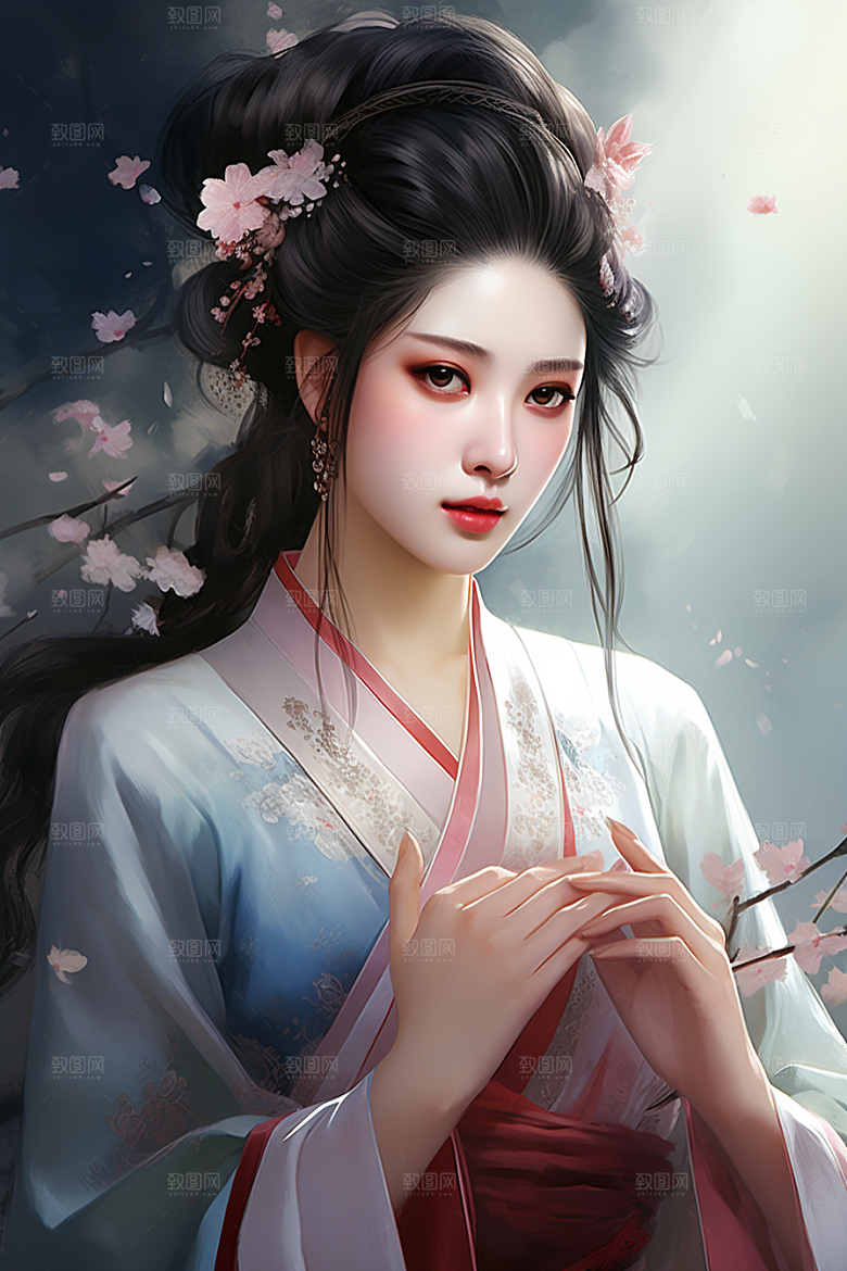 新中式美女手绘高清插画