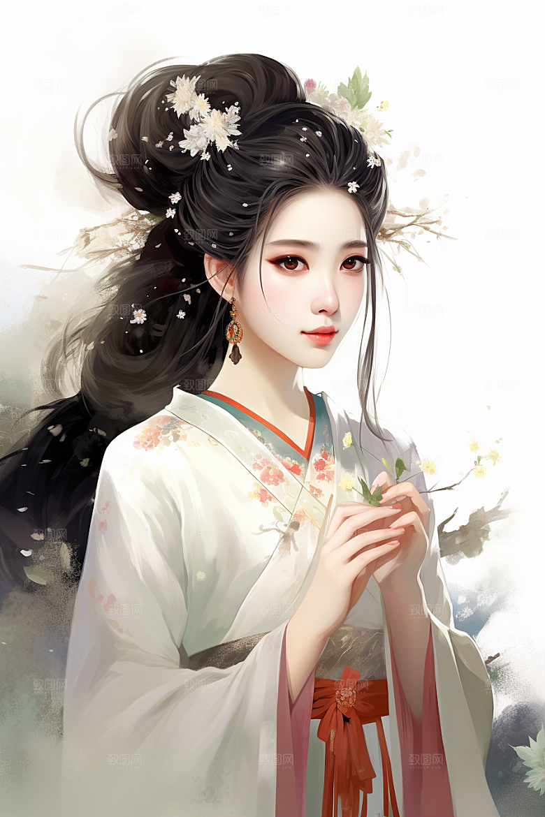 新中式美女水墨艺术插画