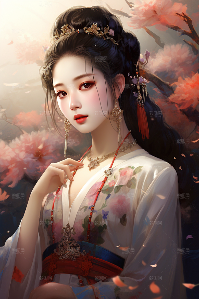 新中式美女温婉手绘插画