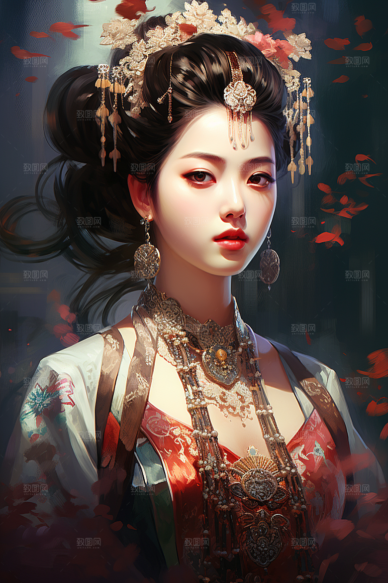 新中式美女唯美手绘插画