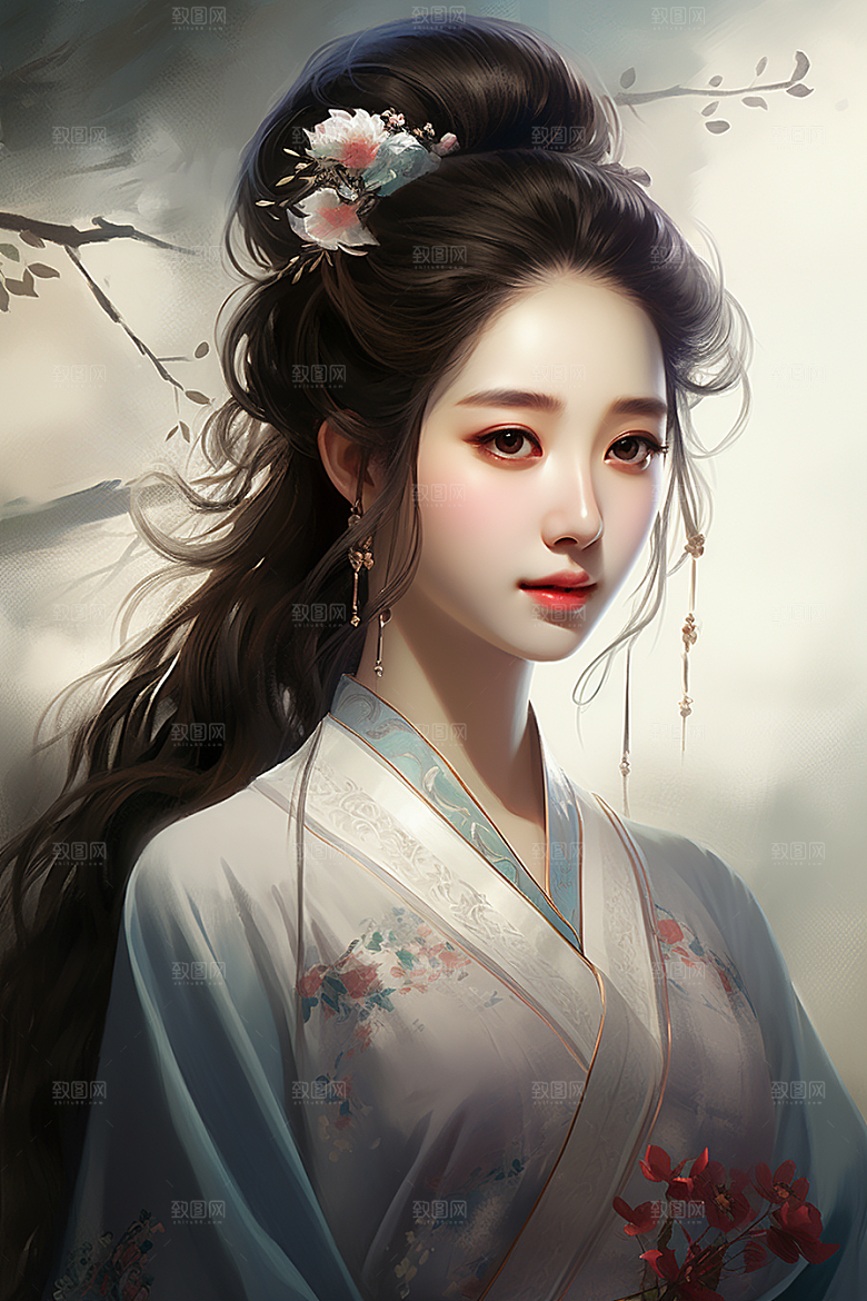 新中式美女温婉水墨插画