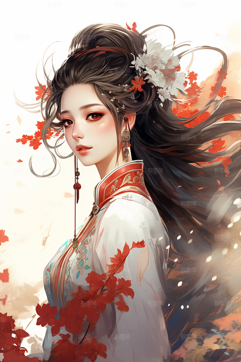 新中式美女水墨高清插画