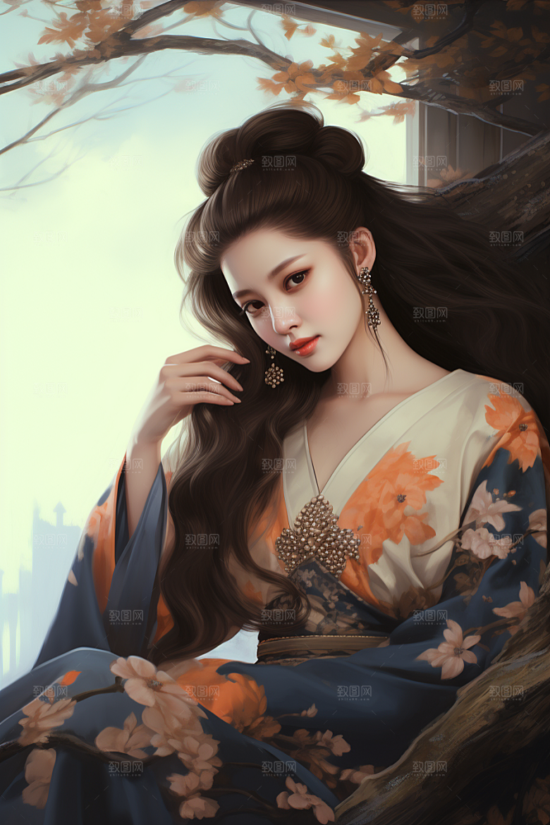 新中式美女文艺水墨插画
