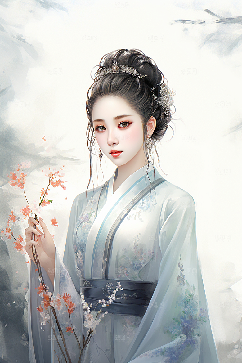 新中式美女高清水墨插画