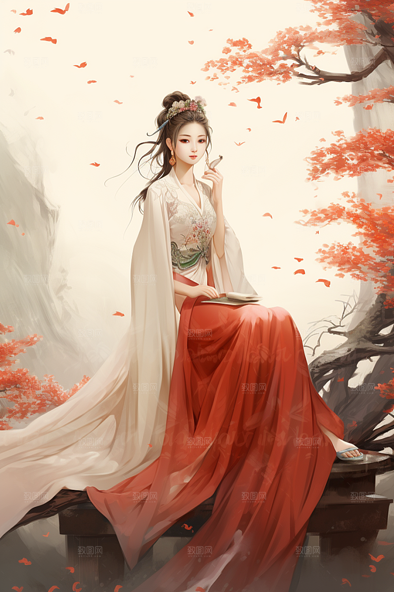新中式美女中国风文艺插画