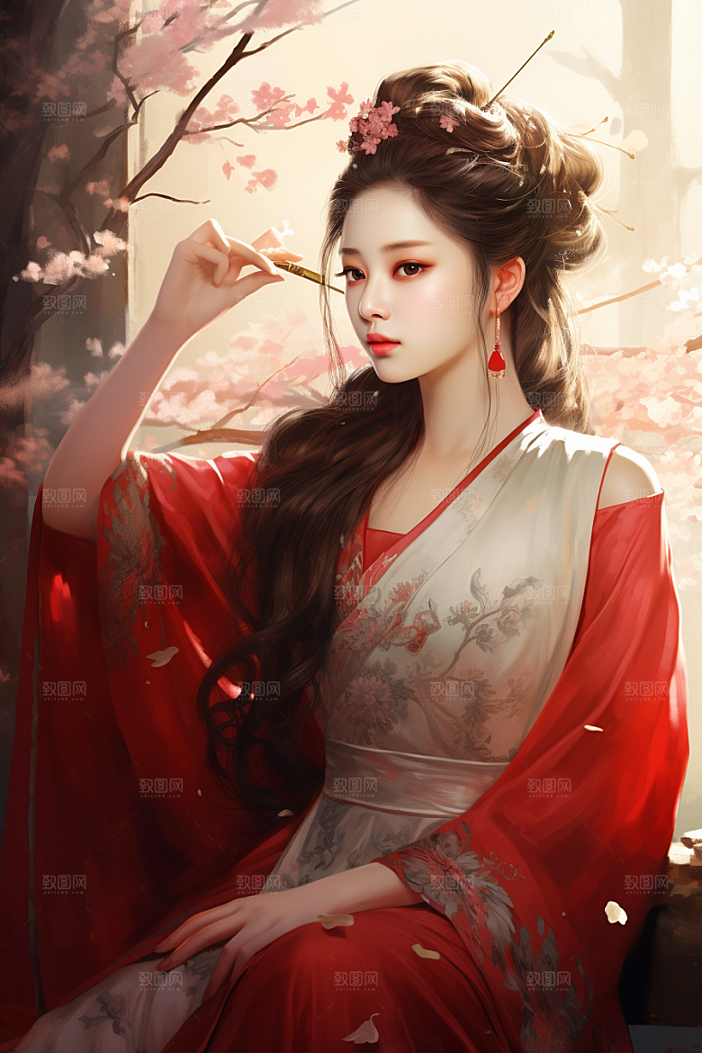 新中式美女水墨艺术插画