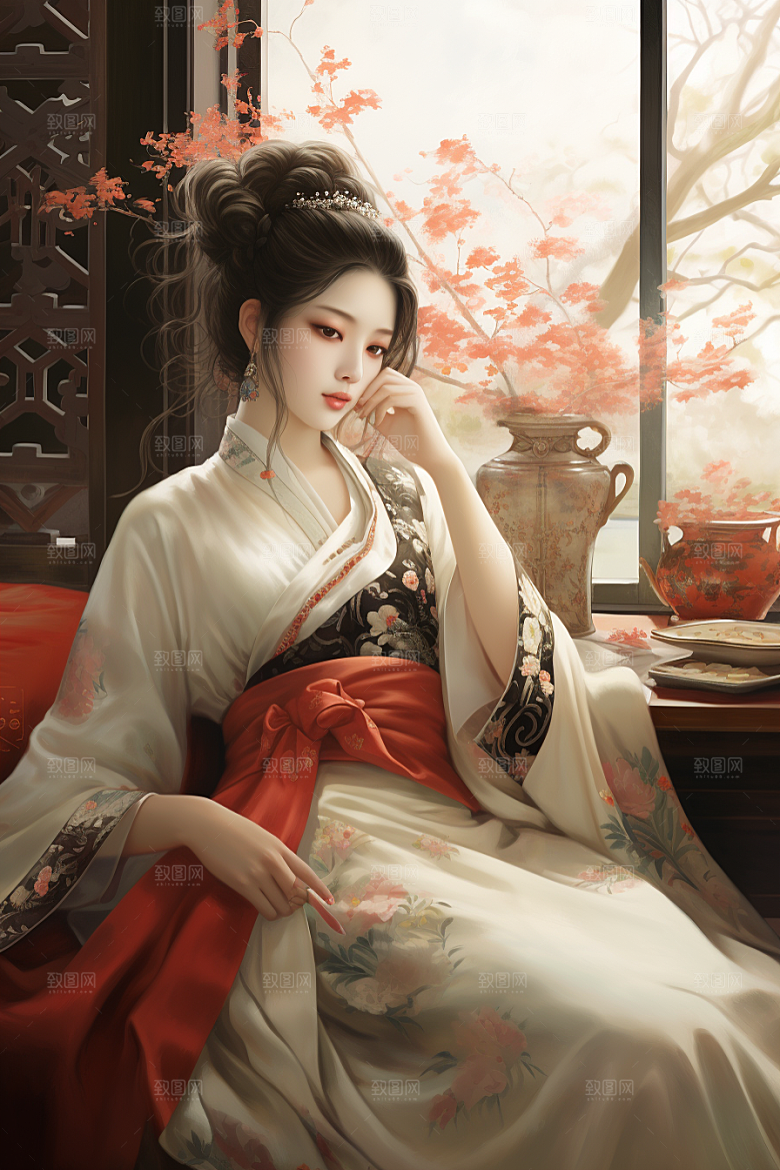 新中式美女水墨艺术插画