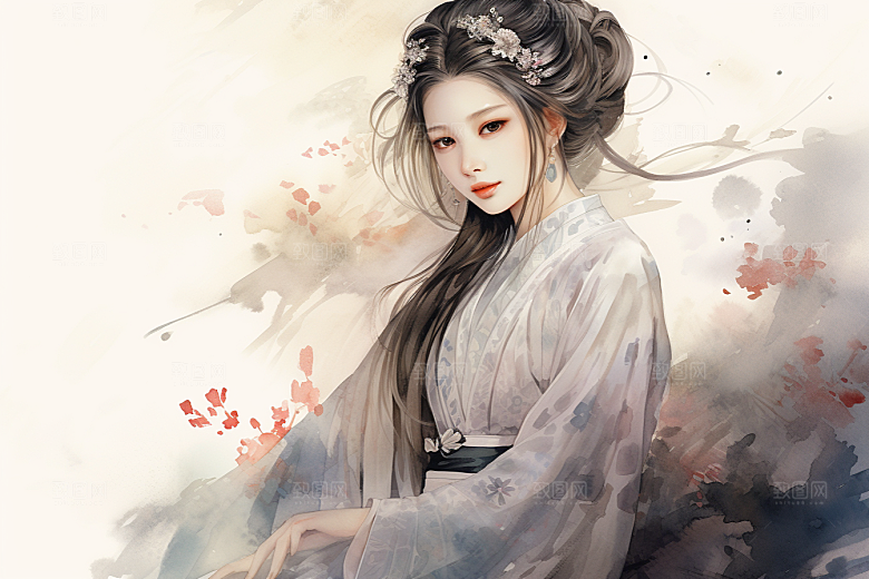 新中式美女高清手绘插画