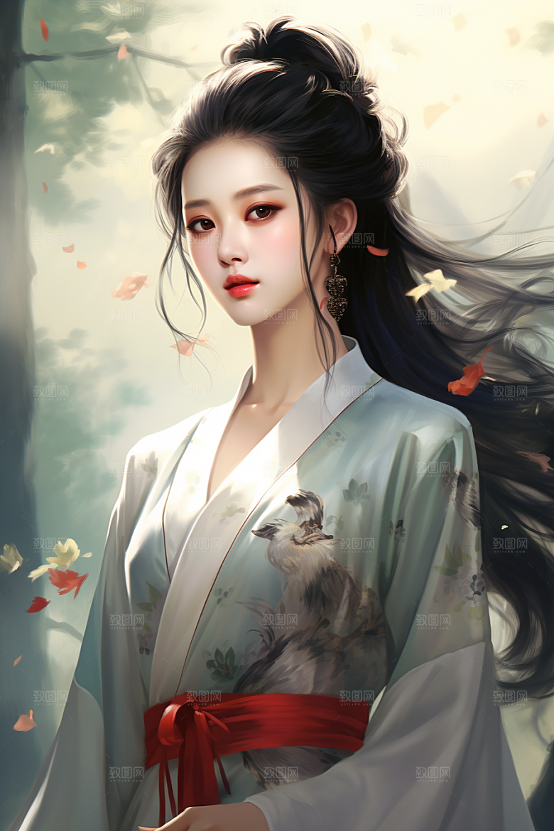 新中式美女高清水墨插画