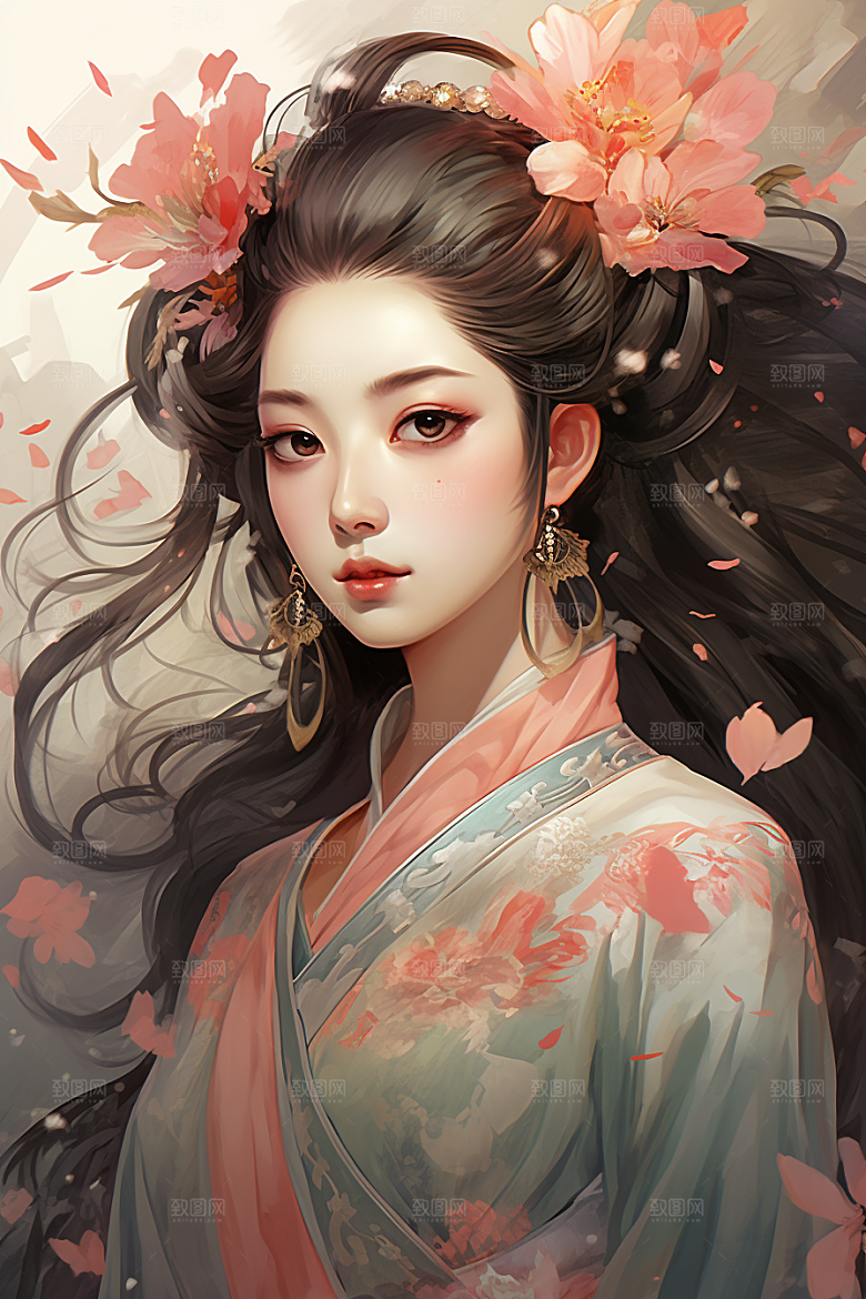 新中式美女艺术水墨插画