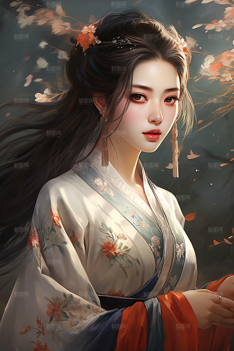 新中式美女手绘艺术插画