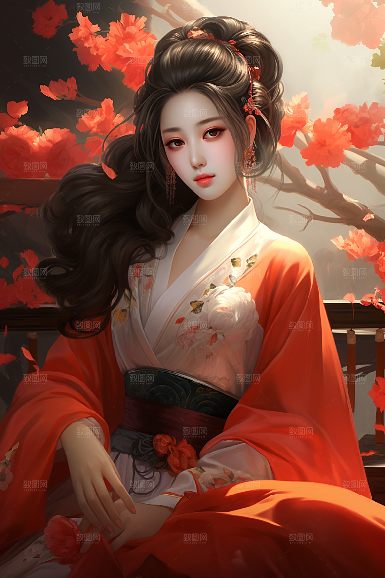 新中式美女手绘文艺插画