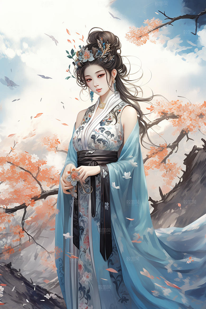 新中式美女文艺艺术插画