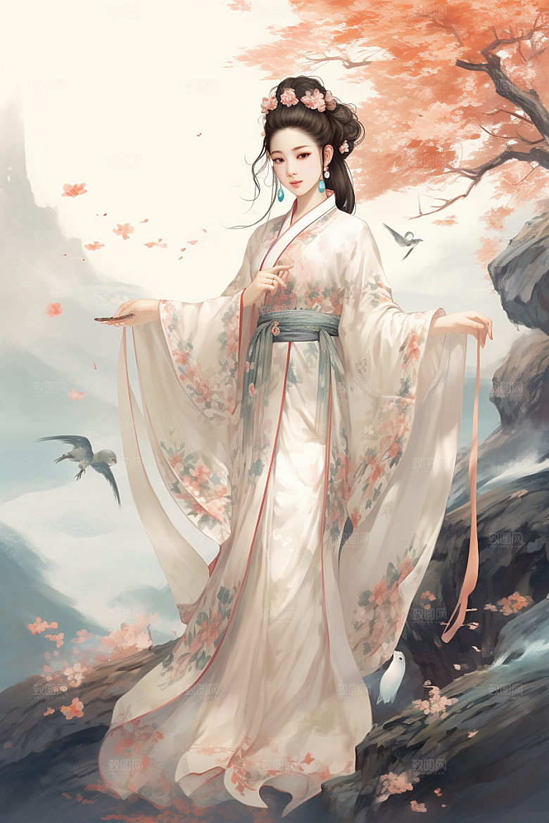 新中式美女高清水墨插画