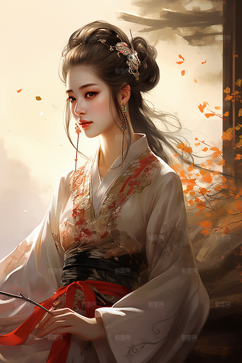 新中式美女高清水墨插画