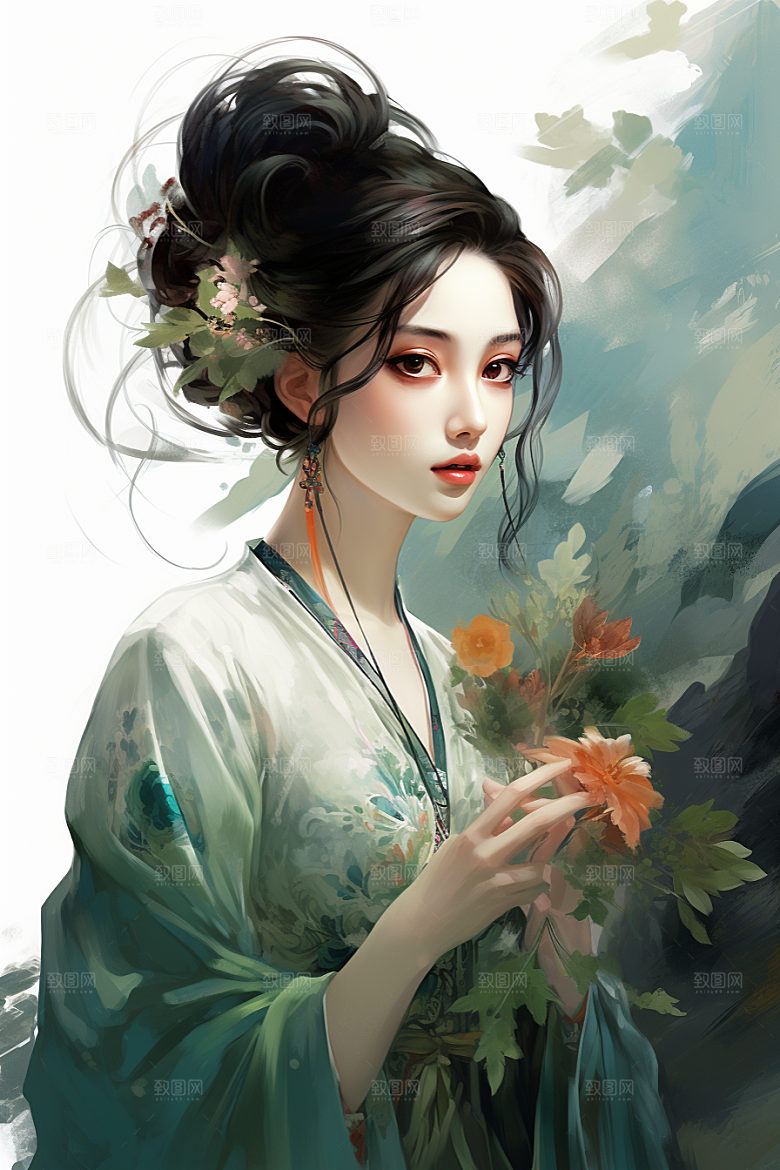 新中式美女中国风水墨插画