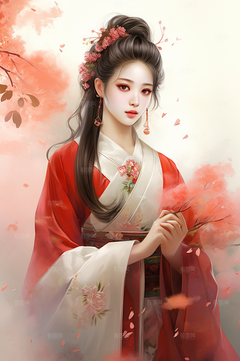 新中式美女高清水墨插画
