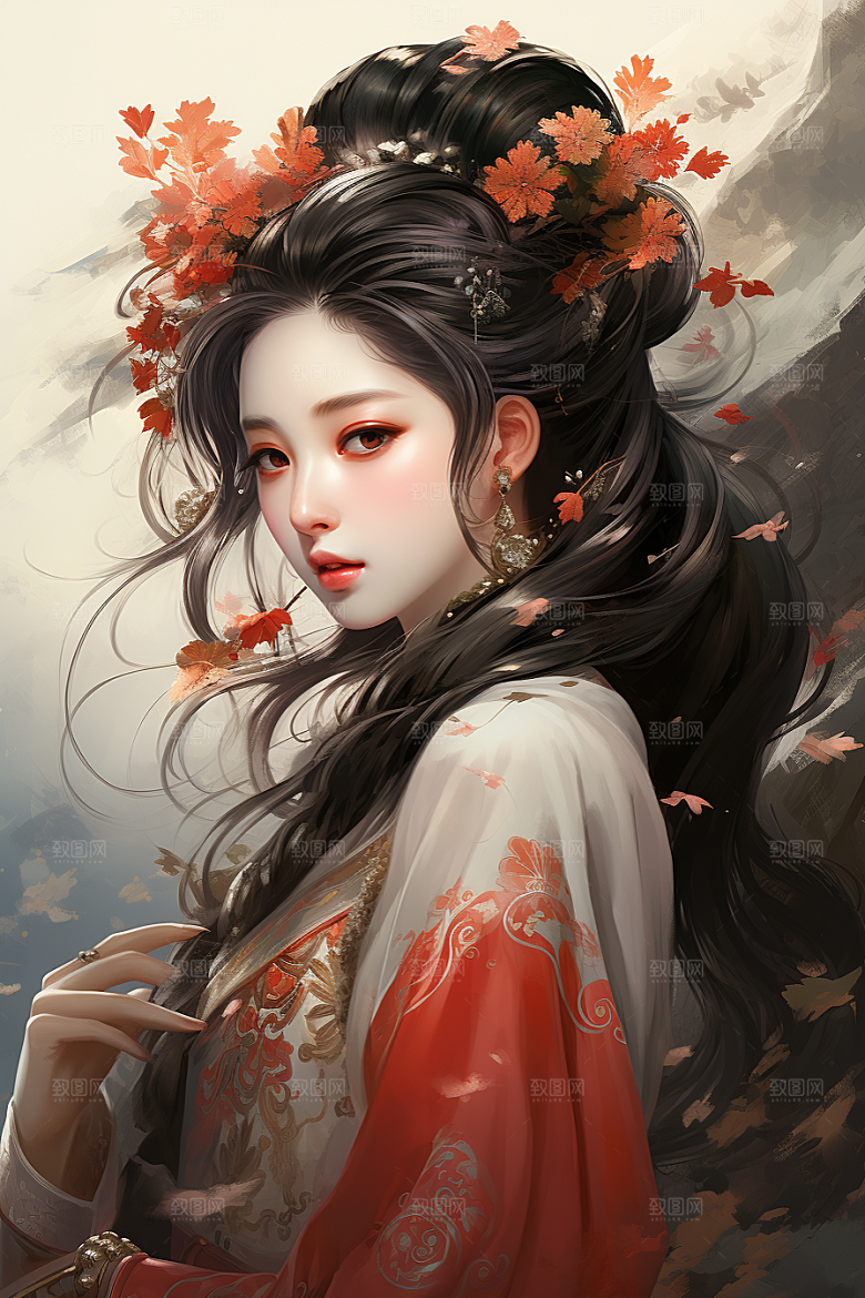 新中式美女温婉手绘插画
