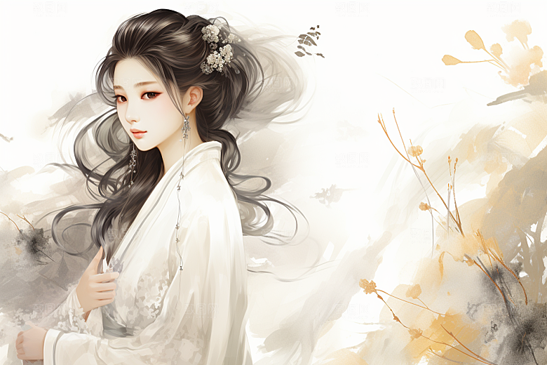新中式美女手绘文艺插画