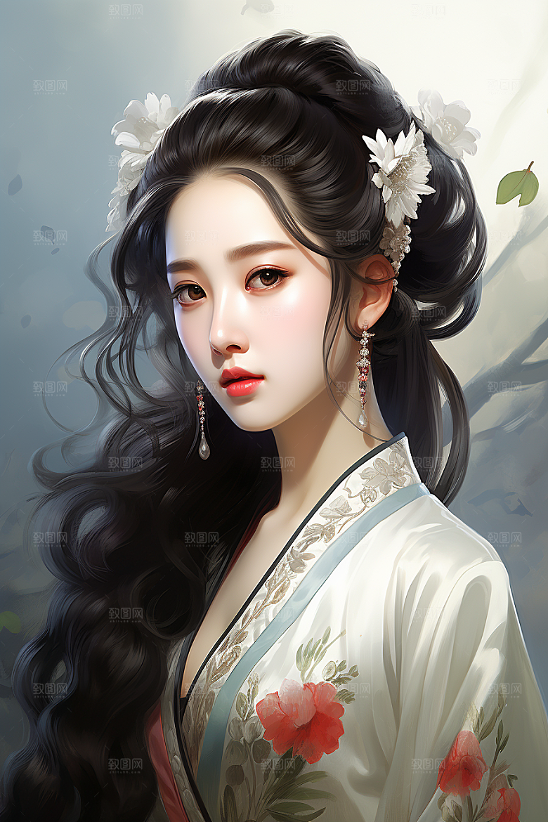新中式美女温婉水墨插画