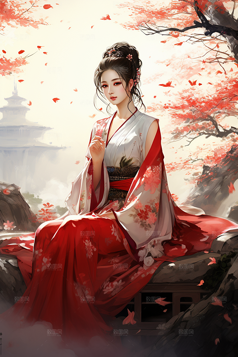 新中式美女手绘文艺插画