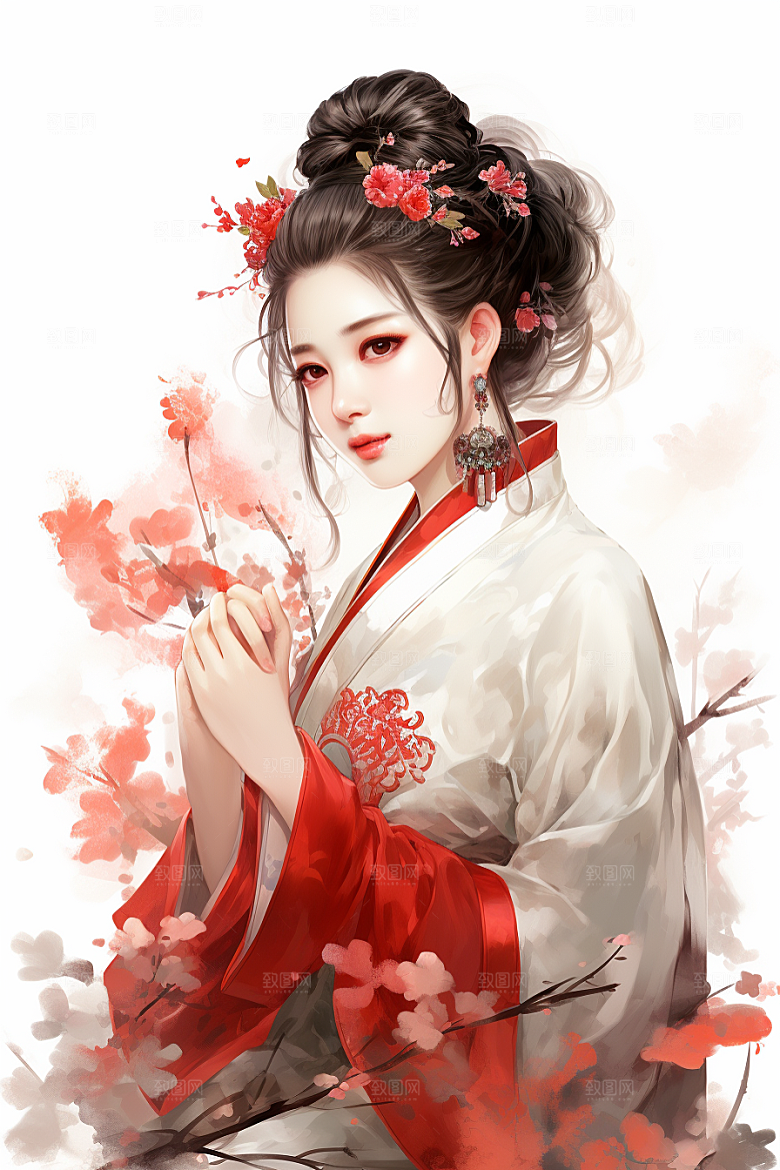 新中式美女手绘中国风插画