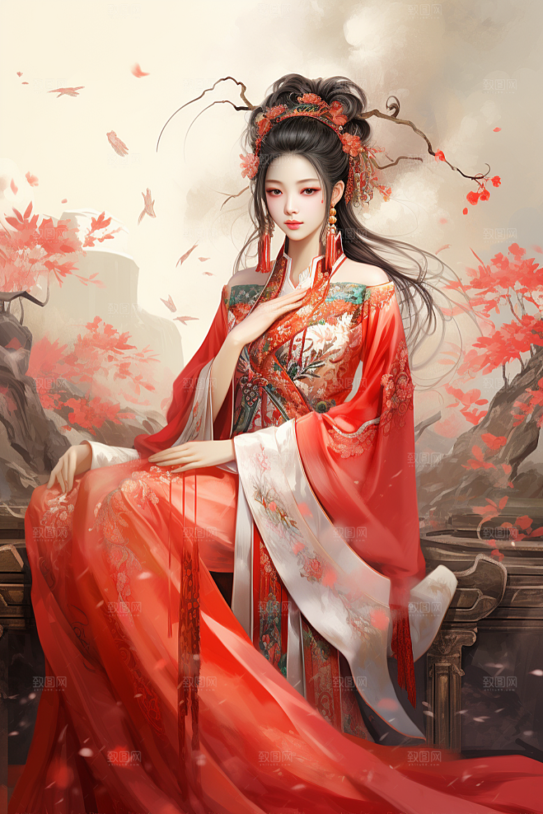 新中式美女高清水墨插画