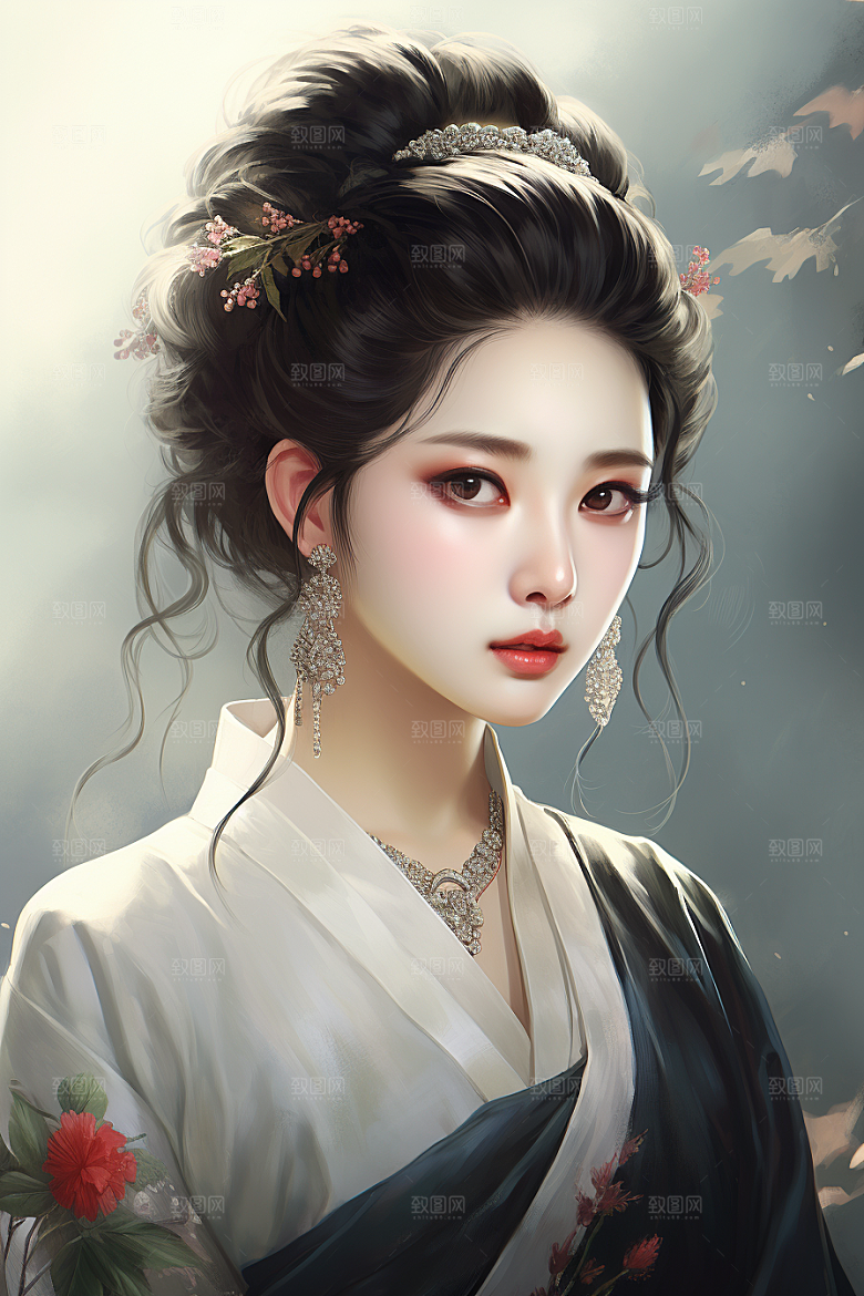 新中式美女中国风水墨插画