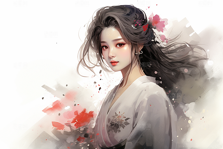 新中式美女手绘唯美插画