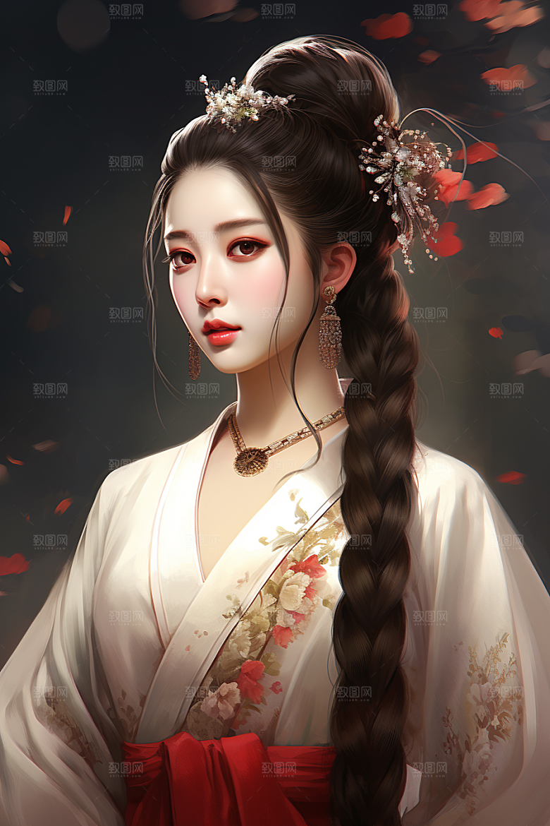 新中式美女手绘高清插画