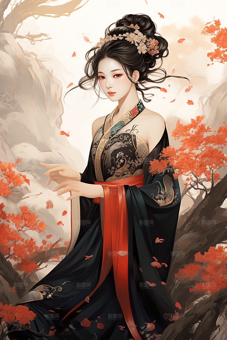 新中式美女艺术文艺插画