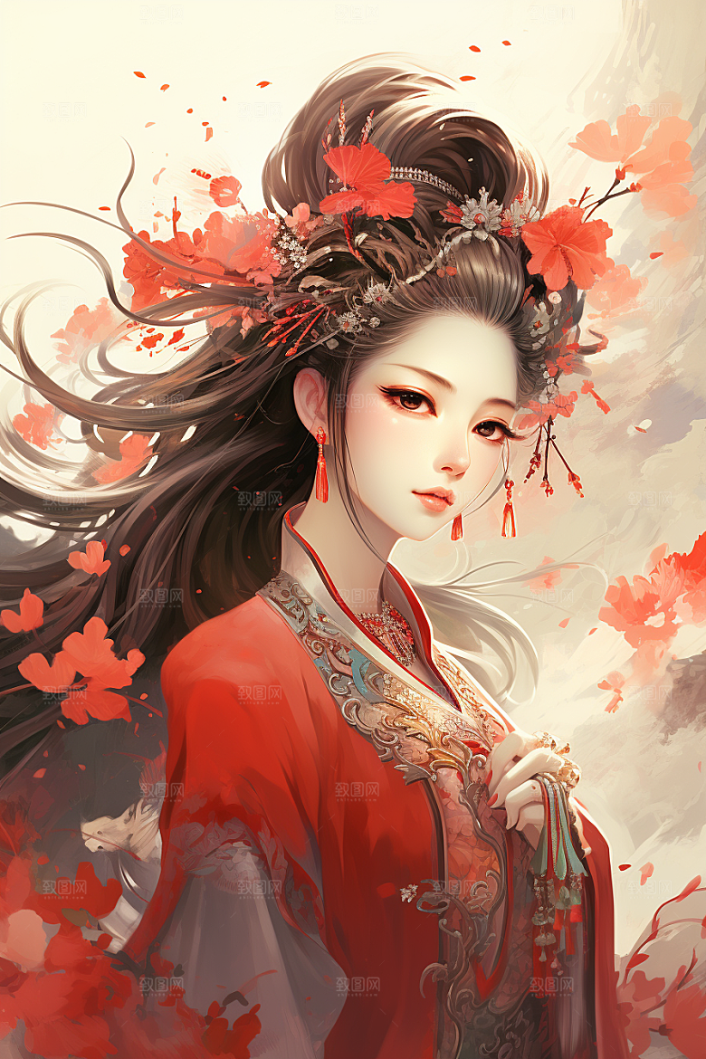 新中式美女水墨文艺插画