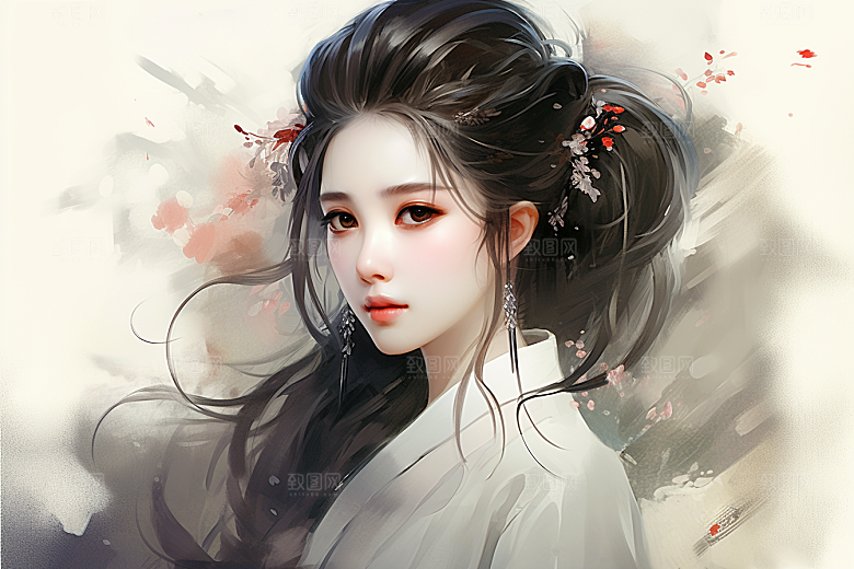 新中式美女高清水墨插画