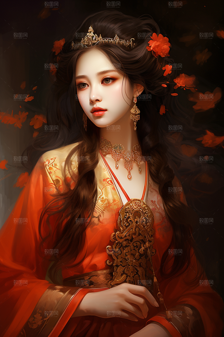 新中式美女水墨手绘插画