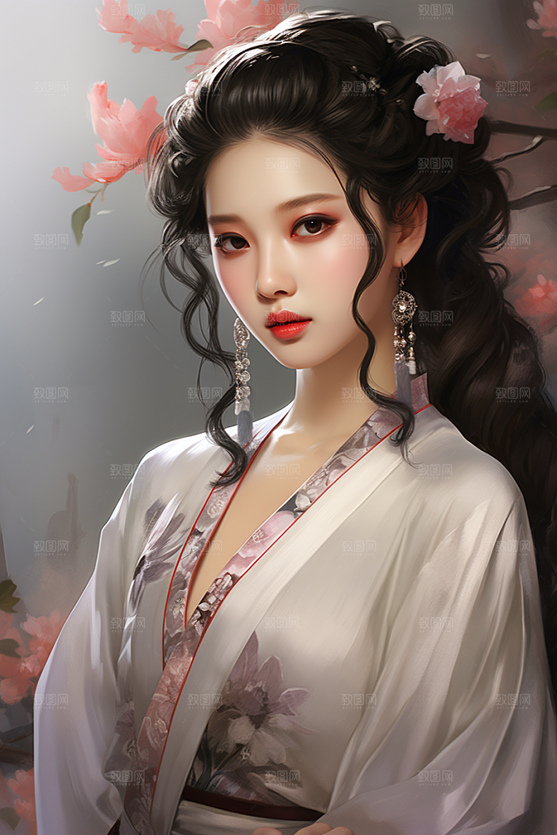 新中式美女文艺水墨插画