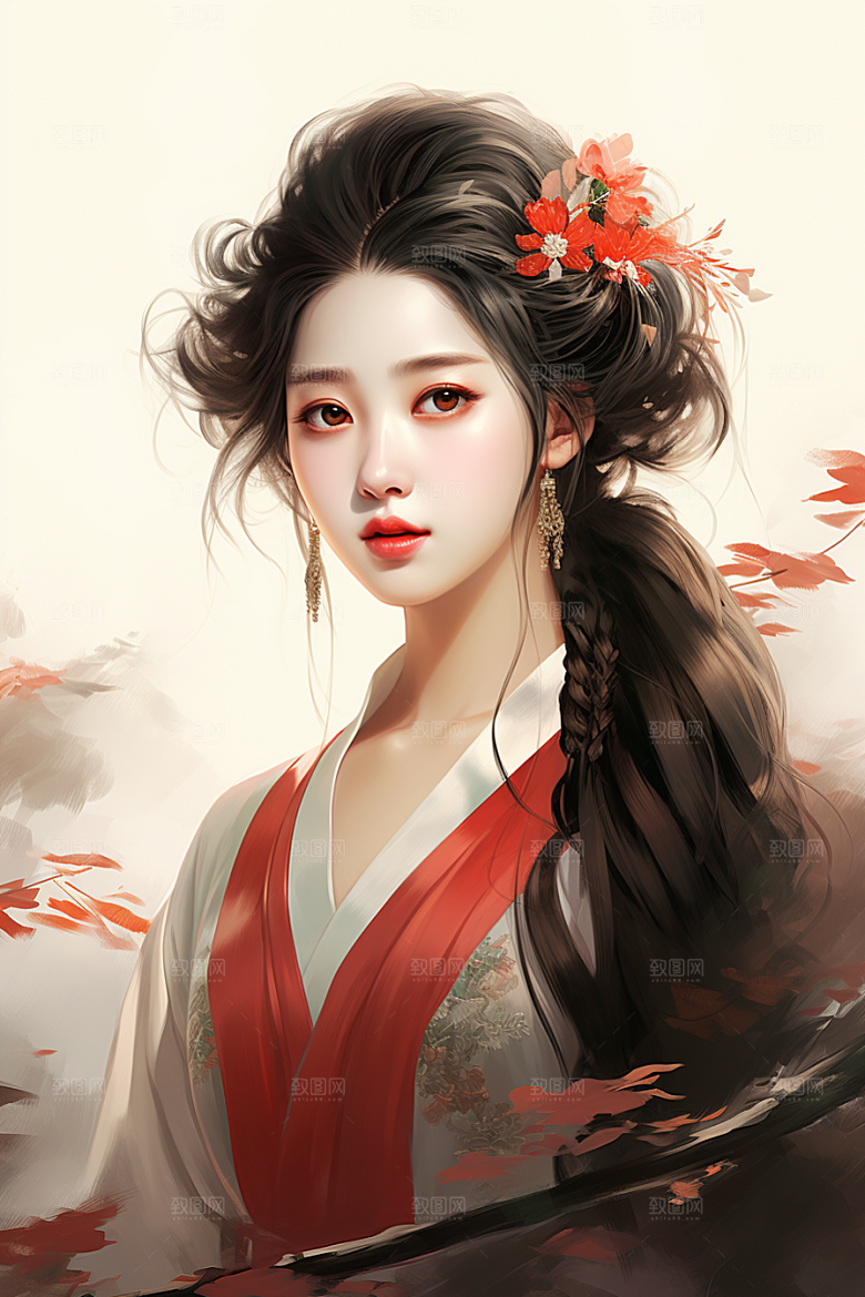新中式美女中国风水墨插画