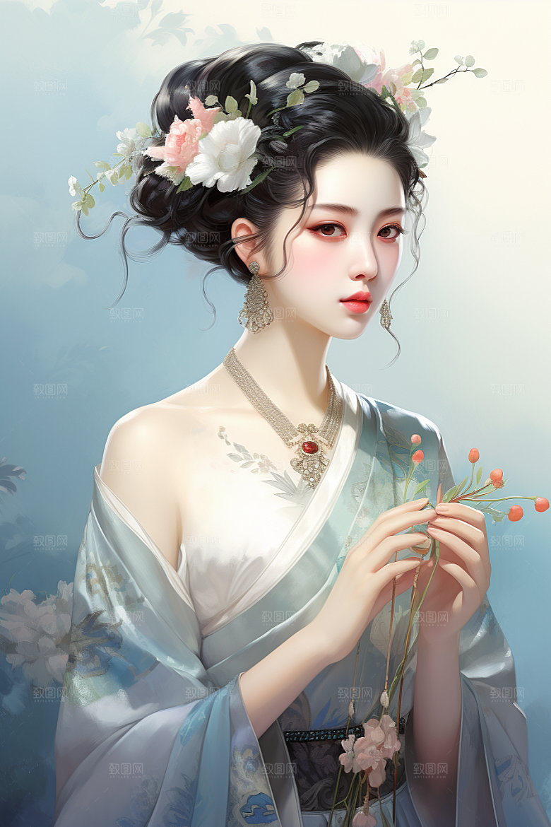 新中式美女艺术手绘插画