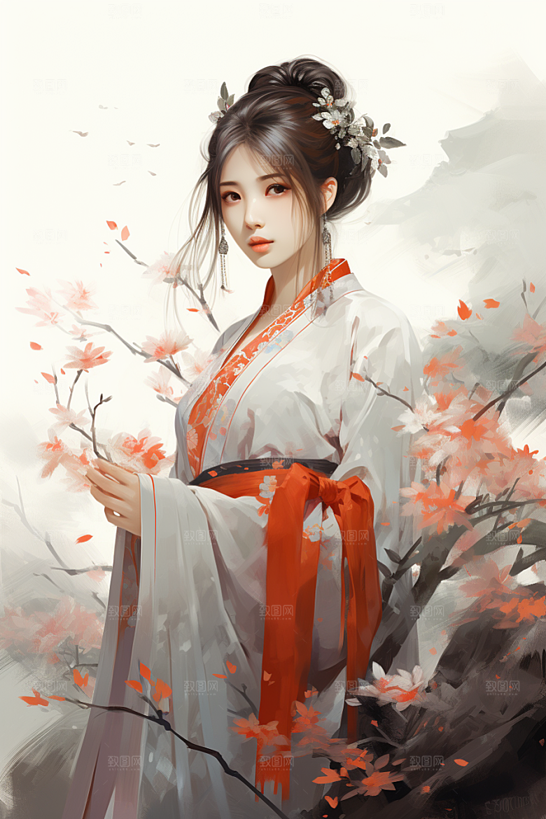 新中式美女唯美文艺插画