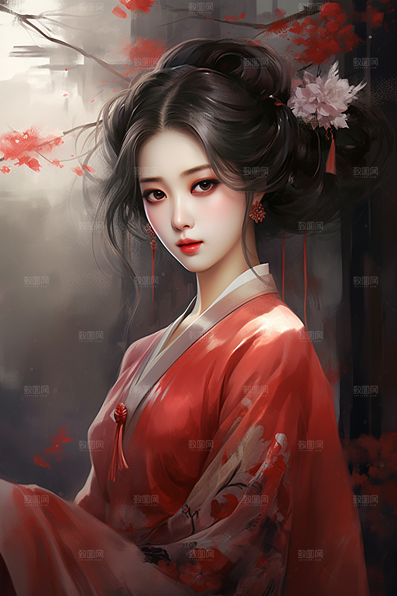 新中式美女温婉水墨插画