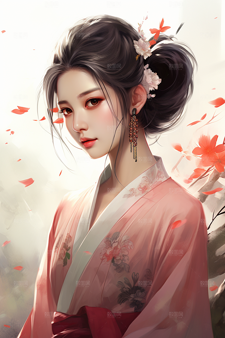 新中式美女水墨高清插画