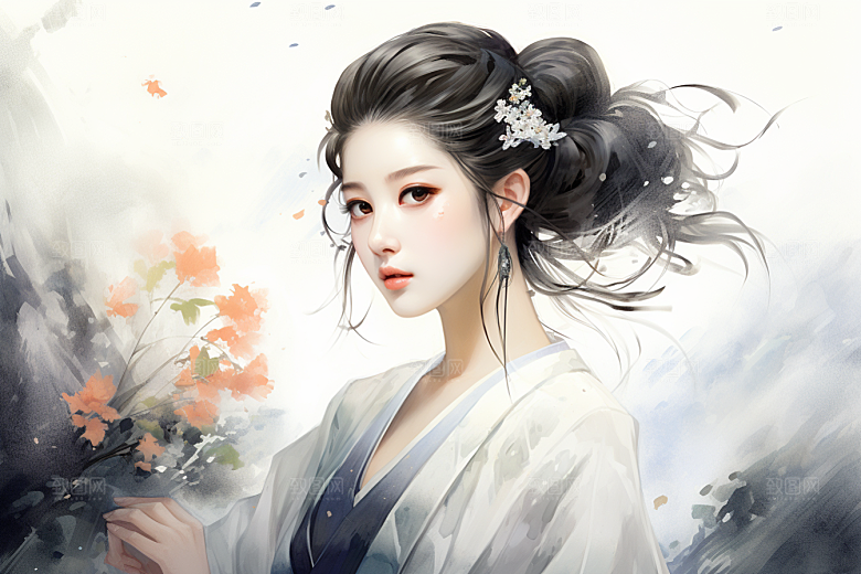 新中式美女高清水墨插画