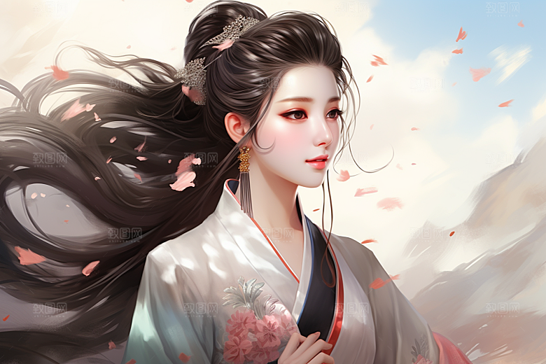 新中式美女艺术高清插画