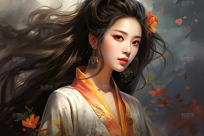 新中式美女水墨手绘插画