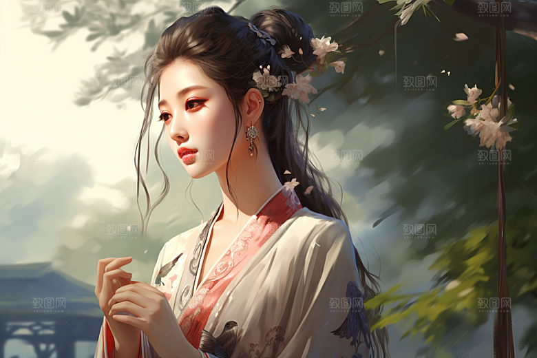 新中式美女艺术水墨插画