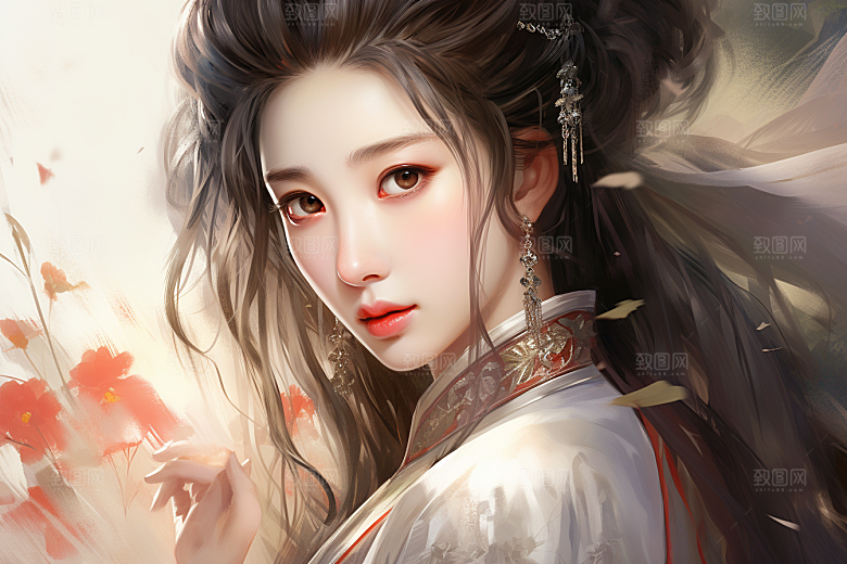 新中式美女水墨手绘插画